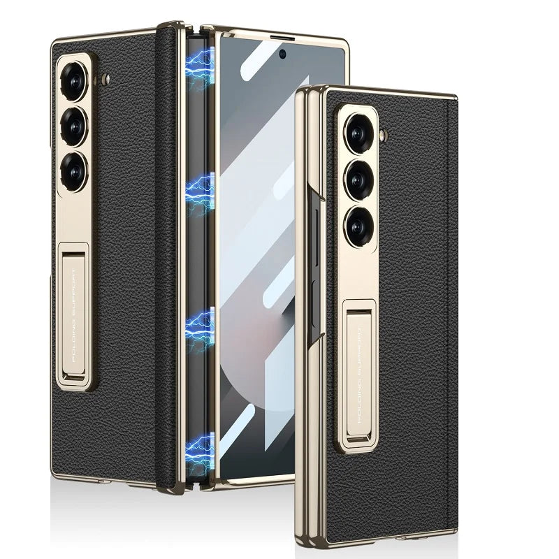 Leather Case With Golden Stand & Magnetic Hinge for Samsung Galaxy Z Fold 6