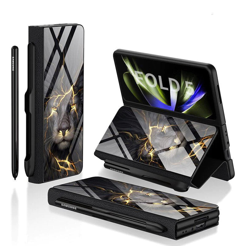 Luxury Lion Pattern S Pen Holder Case Samsung Galaxy Z Fold 5
